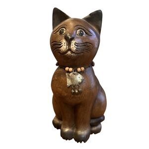 Wooden Cat Figurine 10.5" Brown Excellent Hand Carved Folk Art Walnut Vintage